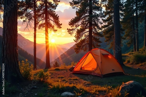 A picturesque scene of a tent camping ground nestled amongst towering trees, bathed in the warm glow of sunset The tranquil atmosphere is perfect for a relaxing outdoor escape , golden hour, vacation