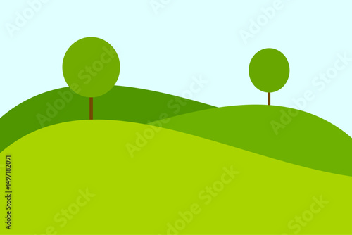 Green hills and trees rural landscape illustration. Vector background in flat design simple style.