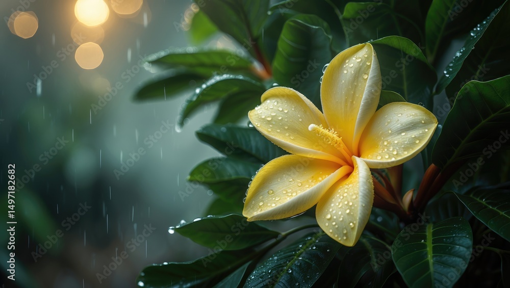 Fototapeta premium Yellow flower with rain droplets on dark green leaves after rain, with blurred lights in background. Close-up nature shot of blooming plant.
