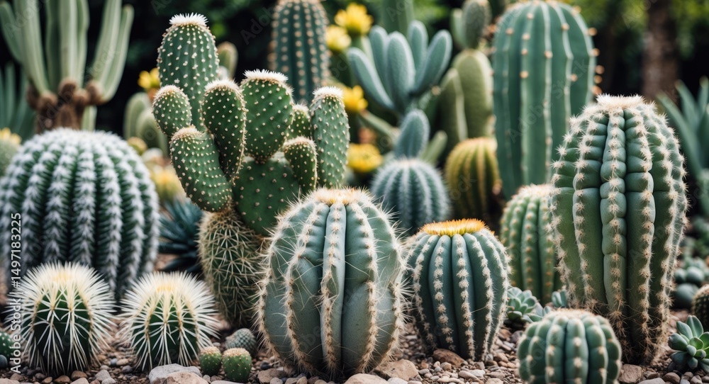 A variety of cacti in different shapes and sizes, blooming with small yellow flowers, arranged in a desert garden or indoor succulent display. A variety of cacti in different shapes and sizes, blooming with small yellow flowers, arranged in a desert garden or indoor succulent display.