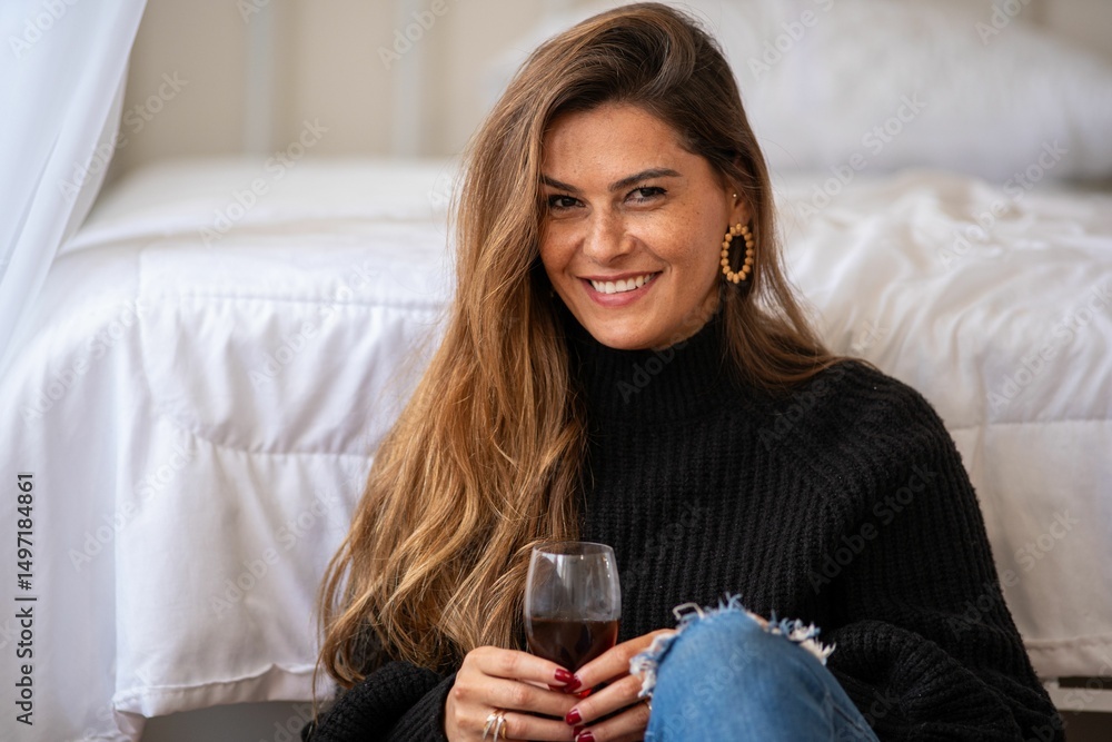 Woman in Cozy Room with Wine Woman in Cozy Room with Wine