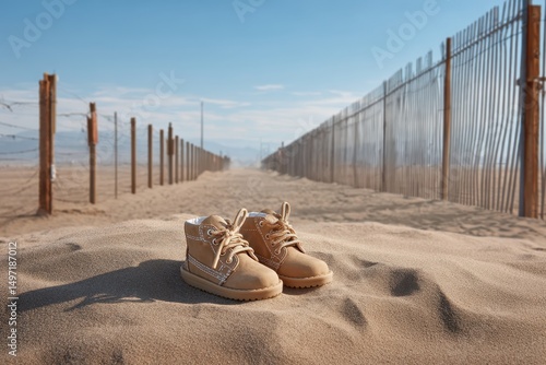 Pair of tiny children’s shoes beside border fence with warning signs, storytelling refugee crisis