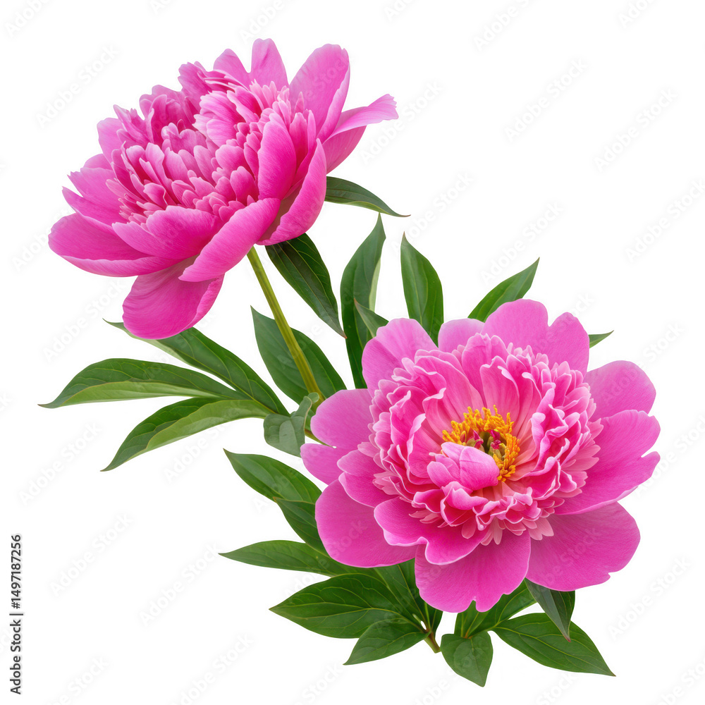 Two pink peonies with green leaves isolated on transparent background Two pink peonies with green leaves isolated on transparent background