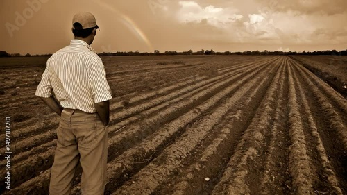 Farmer Reflects on Plowed Field, Rainbow