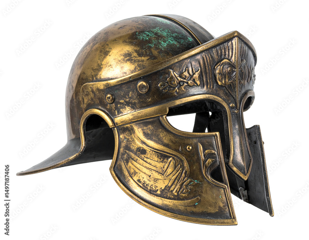 Obraz premium Ancient Bronze Greek Warrior Helmet Displayed isolated on transparent or white background