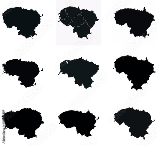 Lithuania  Map Silhouettes Bundle - Set of 9 Black Outline Maps with Regions