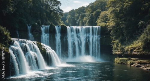 A waterfall flowing into a river surrounded by lush green trees.