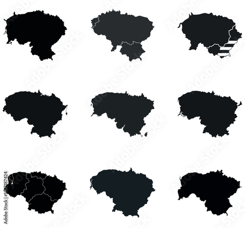 Lithuania  Map Silhouettes Bundle - Set of 9 Black Outline Maps with Regions