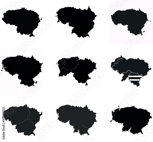 Lithuania  Map Silhouettes Bundle - Set of 9 Black Outline Maps with Regions