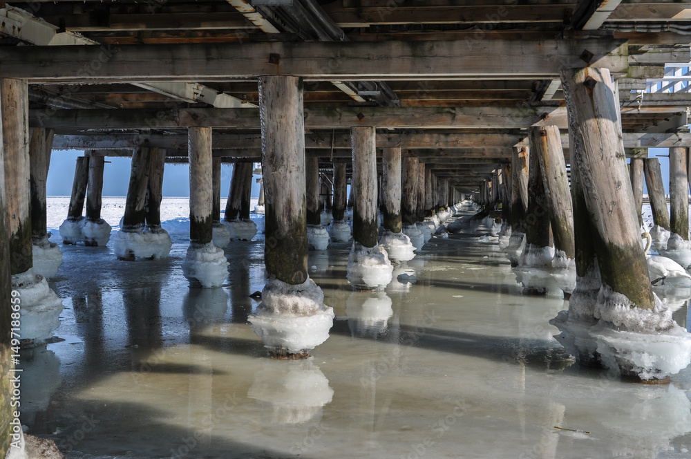 frozen sea ocean water under the bridge pier balls poles