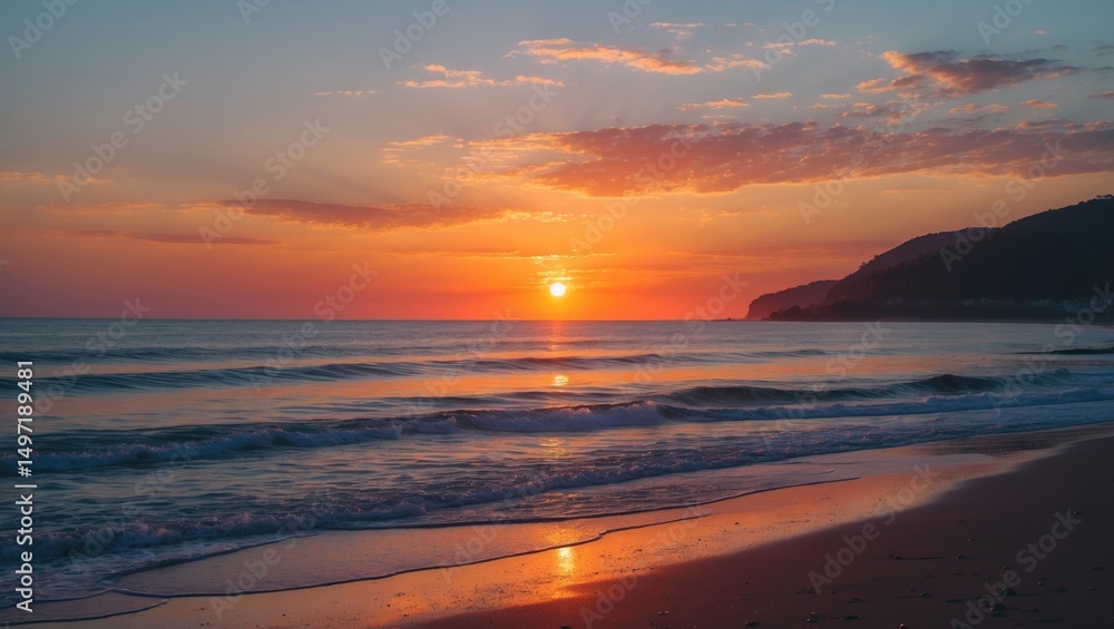 Fototapeta premium Sunset over the beach with waves and clouds, capturing the beauty of a coastal sunset scene. Nature and ocean view during twilight.