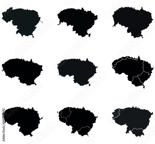 Lithuania  Map Silhouettes Bundle - Set of 9 Black Outline Maps with Regions