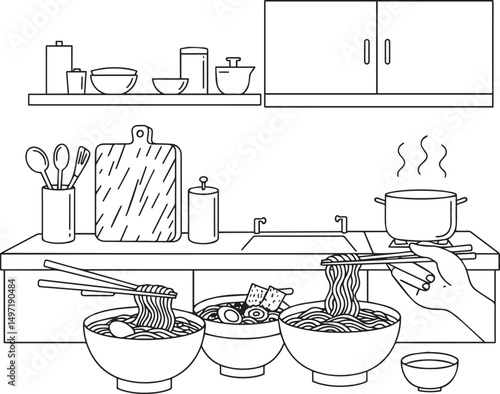 Delicious ramen noodles kitchen cooking scene line art illustration