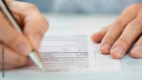 Citizen Tax Responsibility concept. A person’s hand is holding a pen and filling out information on a printed form or document.