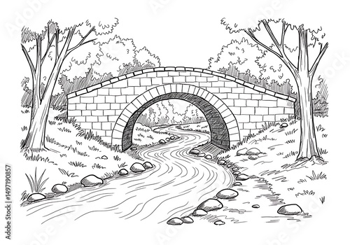 Wallpaper Mural Illustration of bridge river stones trees nature landscape scenic drawing sketch art design artwork in black and white for adult coloring book. can use for print , coloring and card design Torontodigital.ca