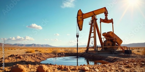 Crude oil gushing from a wellhead in a remote, arid landscape under a vast sky  The dark liquid contrasts sharply with the dry earth and the bright sunlight ,  production,  gas,  sky