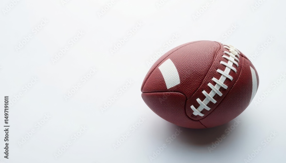 Overhead shot of football, laces visible, white backdrop , background, design element, sports photography Overhead shot of football, laces visible, white backdrop , background, design element, sports photography
