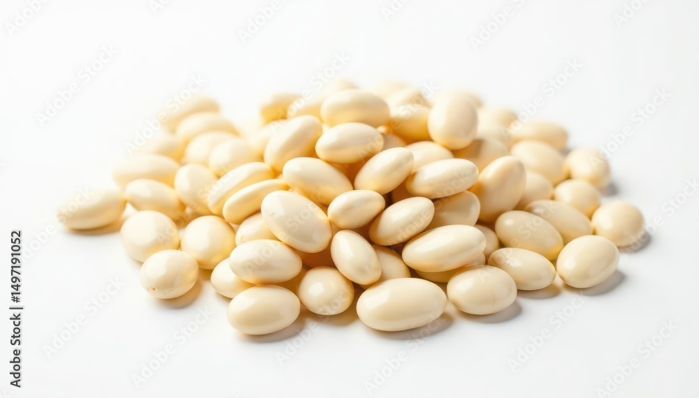 Pile of white beans against a stark white backdrop, simple, nutrition, natural Pile of white beans against a stark white backdrop, simple, nutrition, natural
