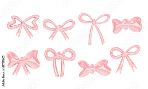 Glossy Pink Ribbon and Bow Element Set. A glossy pink ribbon and bow element set featuring puffy outlines simple loops and wide shapes in jelly candy style. Perfect for girly cute packaging designs
