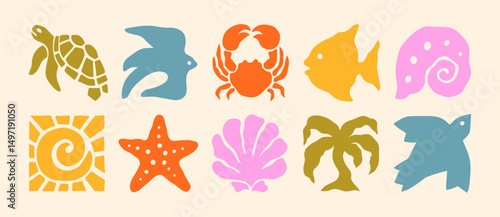 Groovy Summer Icons in Boho Style. Vector Abstract Beach Illustrations in Naive Art. Geometric Bird, Sun, Palm, Shells, Sea Star, Crab and Turtle for Logo, Patterns, Print, Stickers, Post and Stories