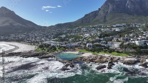 Camps Bay Beach In Cape Town Western Cape South Africa. Turquoise Ocean Waves Gently Crashing On Tropical Beach. Coast Clouds Sky Seaside Summertime. Outdoor Seaside Tropical Environment.