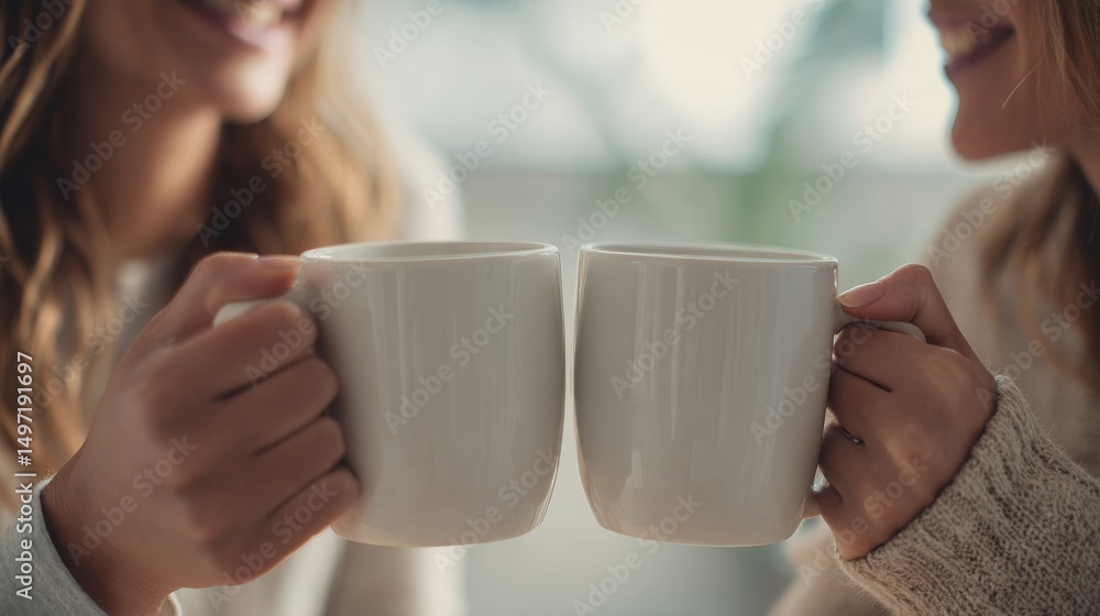 Cheerful friends clink white ceramic mugs over lively morning conversation.. Cheerful friends clink white ceramic mugs over lively morning conversation..