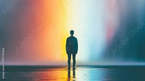 Silhouetted figure facing vibrant light spectrum