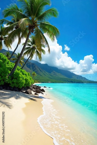 Sun-drenched Hawaiian beach, turquoise water lapping gentle shores, soft white sand, palm trees swaying in the breeze, a postcard-perfect tropical paradise ,  peaceful,  turquoise