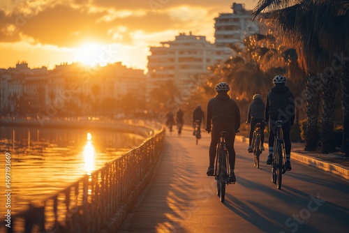a group of friends riding bicycles on a dedicated bike path along a waterfront, with vibrant city views and reflections on the water, warm golden hour lighting