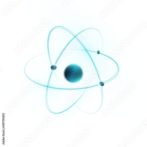 Glowing atomic model with three blue electrons orbiting around a nucleus on white background. Used for science, energy, and nuclear physics visuals.

