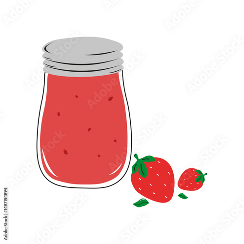Fresh strawberry jam in a jar with ripe strawberries beside it on a white background