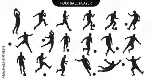Football player silhouette. Soccer player silhouette. Collection of black silhouette soccer players in various action poses with footballs on white background for sports design