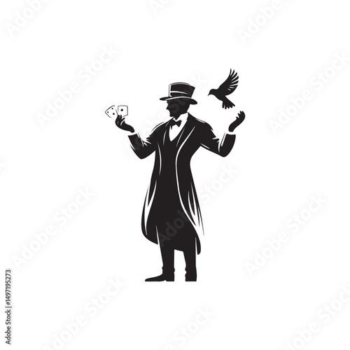Vector illustration of a magician performing a magic trick, featuring a black hat, wand, and captivating magical effects