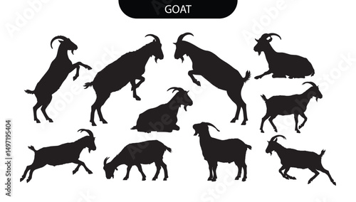 Goat silhouette. Set of black goat animal vector silhouettes in jumping, standing, and grazing poses for farm and livestock illustrations