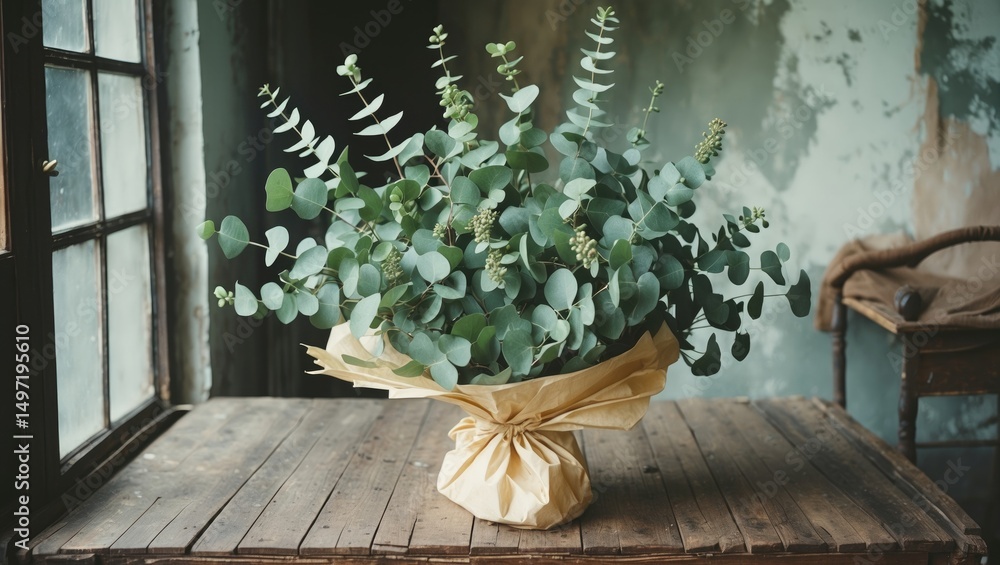 Fototapeta premium A bouquet of eucalyptus leaves wrapped in paper on a rustic wooden table near a window.