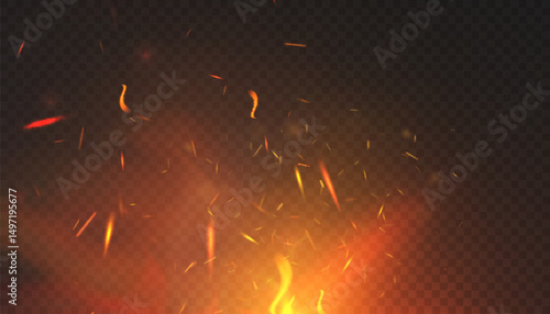 
Realistic glowing sparks and fire embers flying above the flames on a dark background. Burning particles and flickering flames for explosion effects or visual scenes.