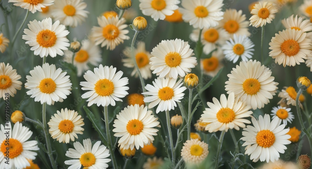 Field of daisies with white petals and yellow centers, blooming in a lush green setting. Springtime flowers and natural floral scene. Field of daisies with white petals and yellow centers, blooming in a lush green setting. Springtime flowers and natural floral scene.