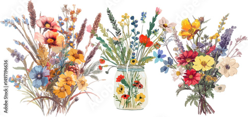 three wildflowers watercolor style series vector illustration format 
