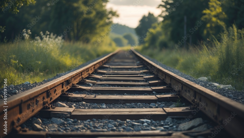 Fototapeta premium Railway track extending into the distance surrounded by greenery and trees. Transportation infrastructure and travel concept.