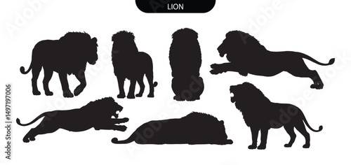 Lion Silhouette Vector Set of Wild Big Cats in Majestic and Dynamic Poses for Illustration and Design