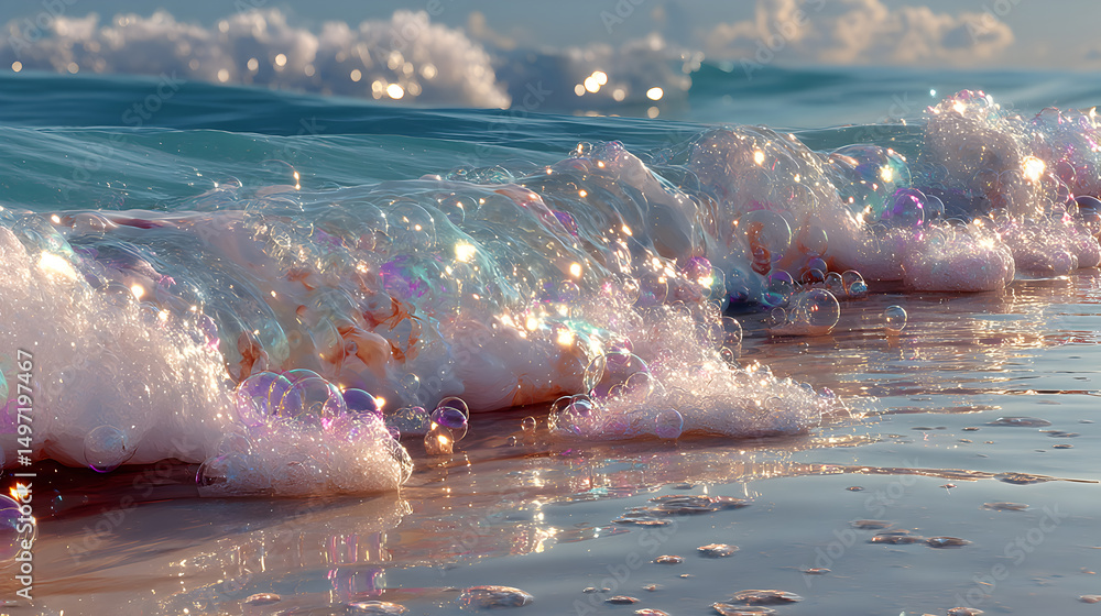 Fototapeta premium Ocean waves crashing on sandy beach, creating bubbles and sparkling reflections under sunlight, capturing the beauty of nature's coastal scenery. Selective focus