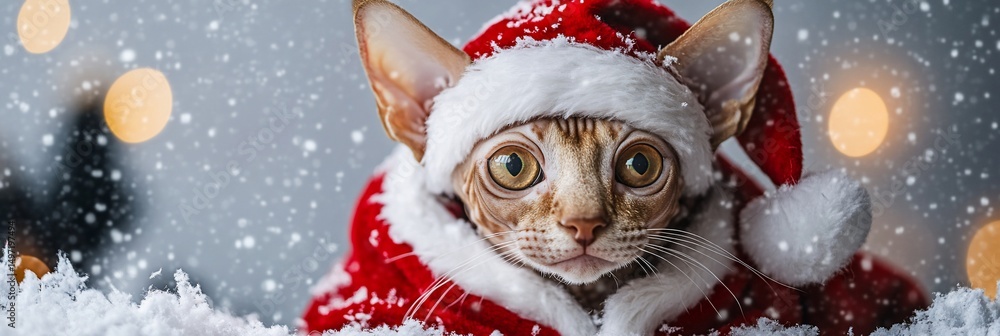 Adorable Sphynx cat wearing a Santa hat in snowy winter scene. Adorable Sphynx cat wearing a Santa hat in snowy winter scene.