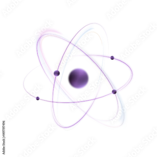 3D model of an atom with glowing purple orbitals and nucleus on a white background. Ideal for scientific visuals, medical illustrations, nuclear energy and educational graphics.