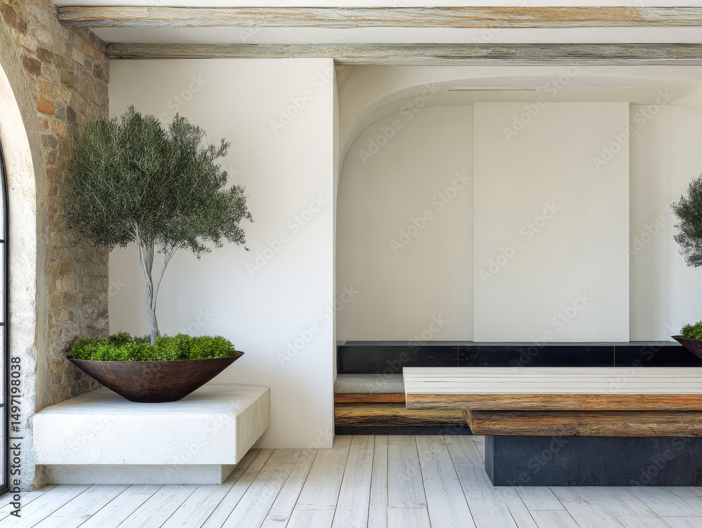 Fototapeta premium Modern interior design featuring minimalist furniture and greenery in a spacious setting