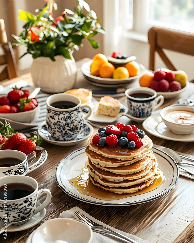 Table with a stack of pancakes and a variety of fruit, including strawberries Table with a stack of pancakes and a variety of fruit, including strawberries