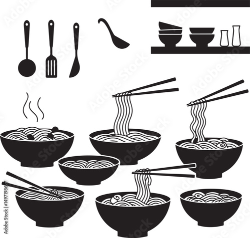 Asian cuisine noodle bowls chopsticks kitchen utensils