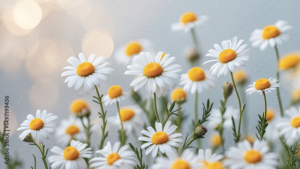 Fototapeta premium A field of daisies with white petals and yellow centers, sunlit and blurred background. Nature, floral, and outdoor scene.