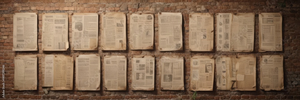 Obraz premium Multiple aged paper posters affixed to a rustic wall, showcasing various design styles , aged, realistic