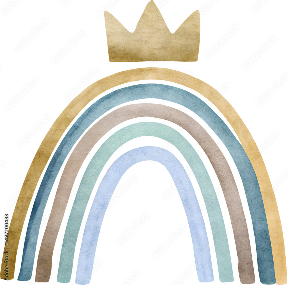 Fototapeta premium Watercolor boho rainbow with crown on transparent background.