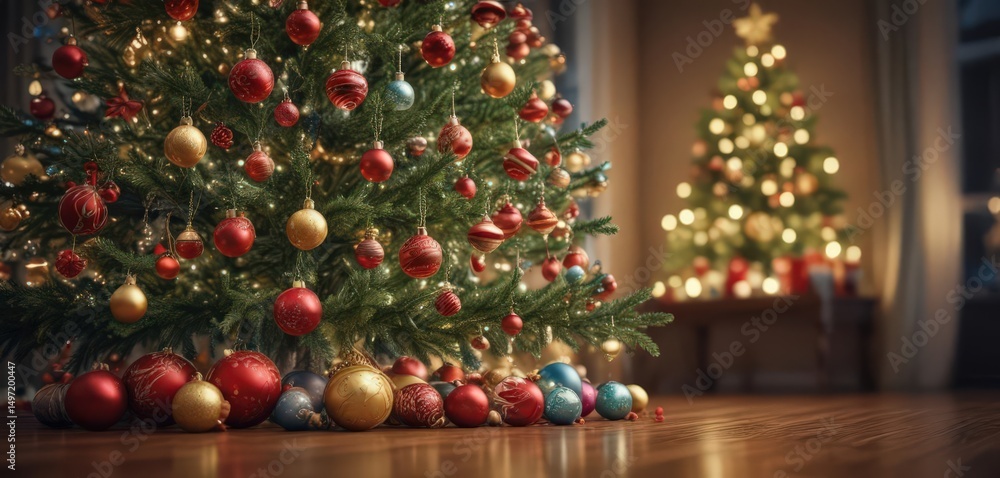 Ornate Christmas tree, vibrant baubles, soft bokeh lights , colorful lights, merry christmas Ornate Christmas tree, vibrant baubles, soft bokeh lights , colorful lights, merry christmas